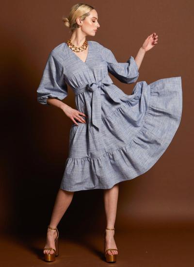 Landslide Raglan Blue Texture Tiered Midi Dress