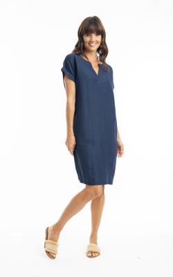 Navy Linen Cap Sleeve Shift Dress