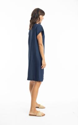 Navy Linen Cap Sleeve Shift Dress